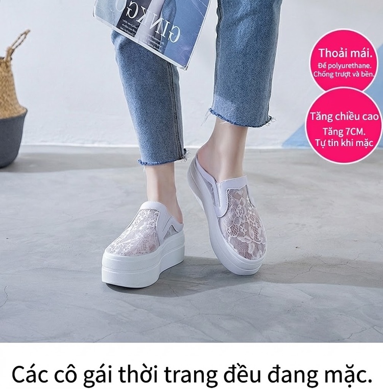 Dép Sục Nữ Da Tổng Hợp Lưới Hở Gót Thoáng Khí Chiều Cao Đế 6cm Màu Trắng, Đen chi tiết 1
