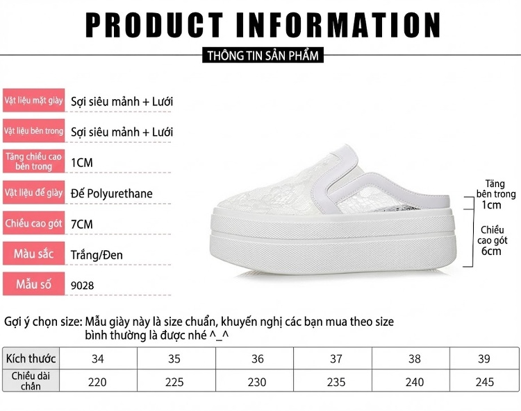 Dép Sục Nữ Da Tổng Hợp Lưới Hở Gót Thoáng Khí Chiều Cao Đế 6cm Màu Trắng, Đen chi tiết 3
