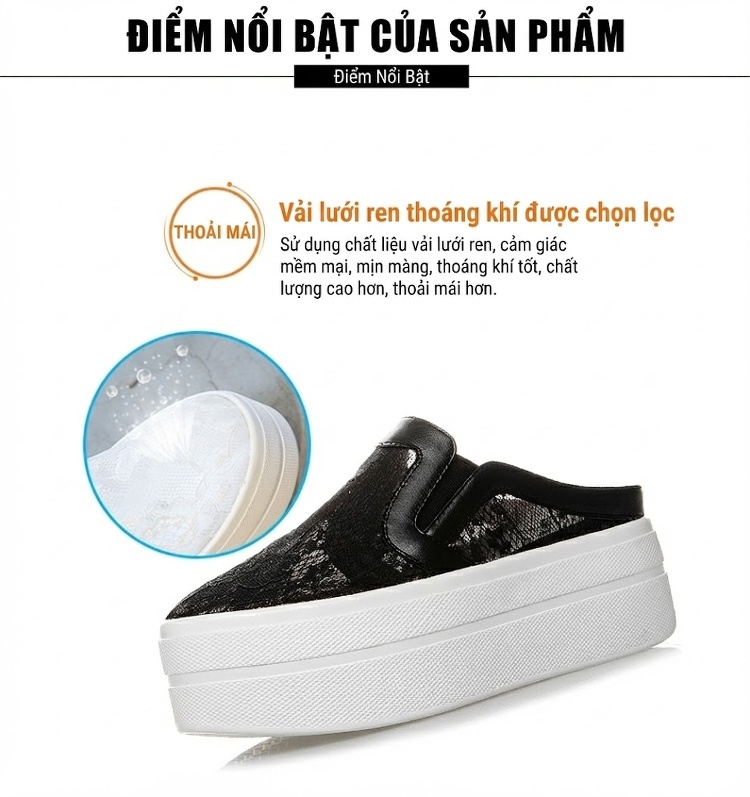 Dép Sục Nữ Da Tổng Hợp Lưới Hở Gót Thoáng Khí Chiều Cao Đế 6cm Màu Trắng, Đen chi tiết 5