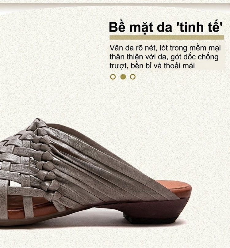 Dép Sục Nữ Đan Dây Thủ Công Bít Mũi Da Bò Chiều Cao Đế Khoảng 3cm Màu Kem chi tiết 3