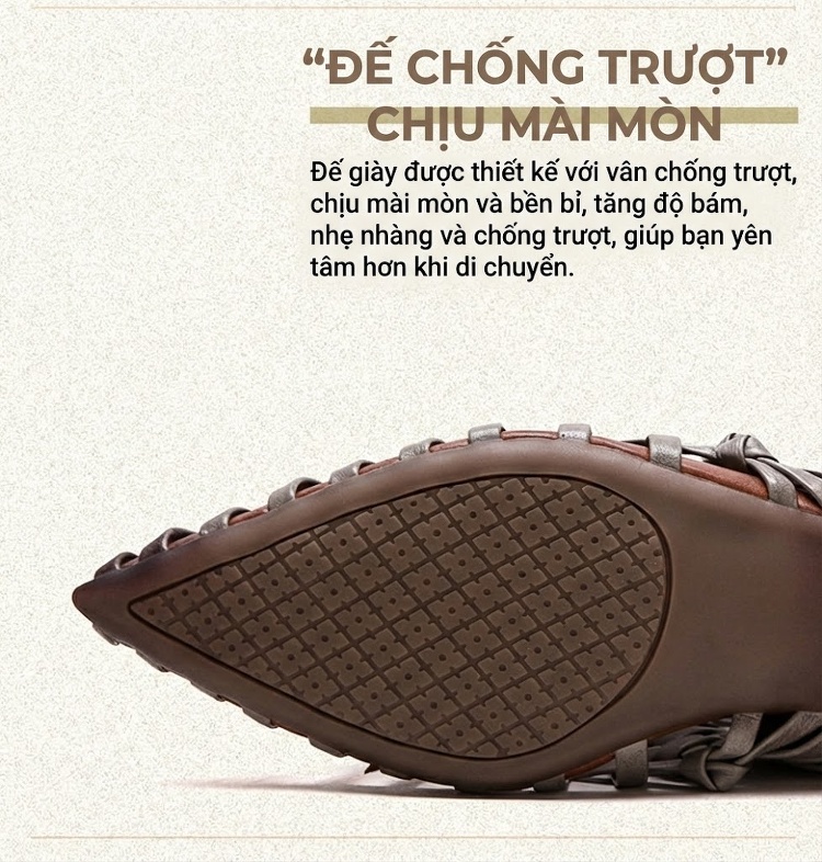 Dép Sục Nữ Đan Dây Thủ Công Bít Mũi Da Bò Chiều Cao Đế Khoảng 3cm Màu Kem chi tiết 5
