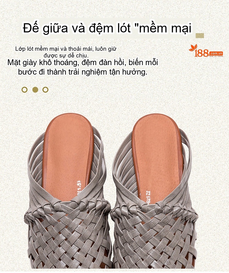 Dép Sục Nữ Đan Dây Thủ Công Bít Mũi Da Bò Chiều Cao Đế Khoảng 3cm Màu Kem chi tiết 6