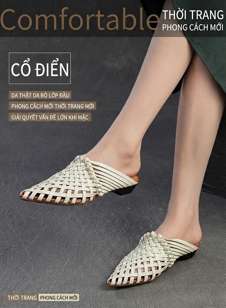 Dép Sục Nữ Đan Dây Thủ Công Bít Mũi Da Bò Chiều Cao Đế Khoảng 3cm Màu Kem chi tiết 1