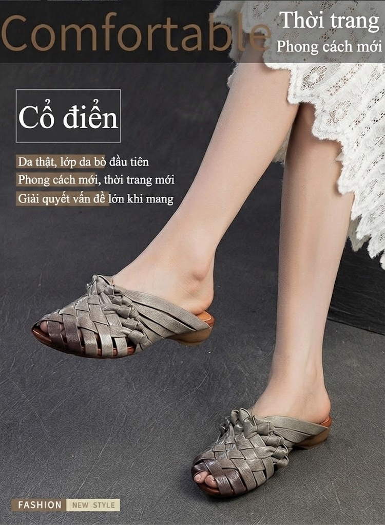 Dép Sục Nữ Hở Mũi Da Bò Đan Thủ Công Chiều Cao Đế Khoảng 3cm Màu Kem, Xám chi tiết 2