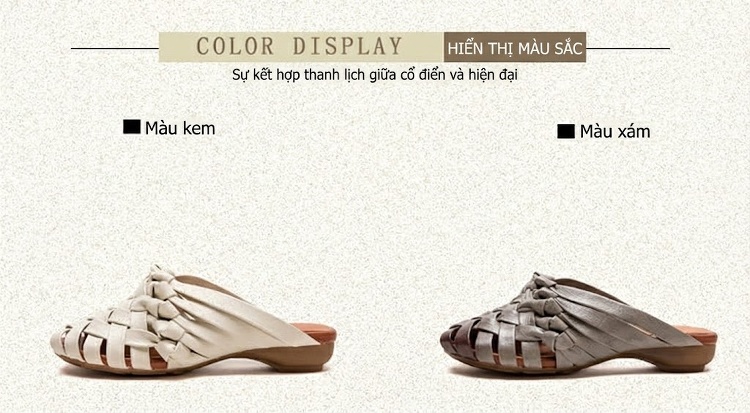 Dép Sục Nữ Hở Mũi Da Bò Đan Thủ Công Chiều Cao Đế Khoảng 3cm Màu Kem, Xám chi tiết 3
