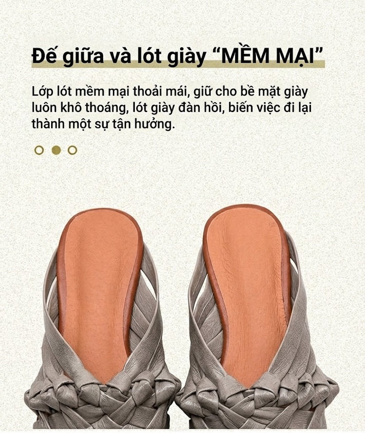 Dép Sục Nữ Hở Mũi Da Bò Đan Thủ Công Chiều Cao Đế Khoảng 3cm Màu Kem, Xám chi tiết 7