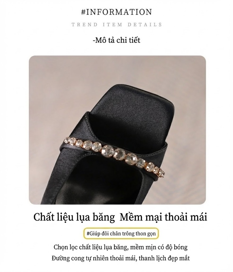 Dép Sục Nữ Hở Ngón Gót Cao Khoảng 7cm Đính Đá Phong Cách Cổ Điển Màu Đen, Vàng Kem chi tiết 3