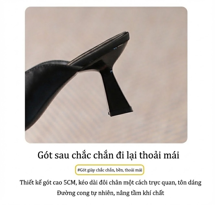 Dép Sục Nữ Hở Ngón Gót Cao Khoảng 7cm Đính Đá Phong Cách Cổ Điển Màu Đen, Vàng Kem chi tiết 4