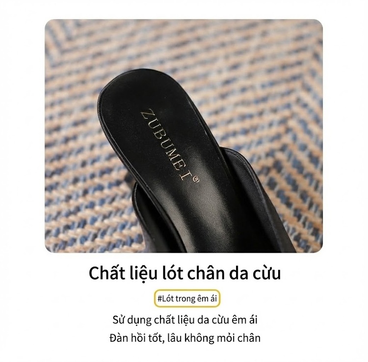 Dép Sục Nữ Hở Ngón Gót Cao Khoảng 7cm Đính Đá Phong Cách Cổ Điển Màu Đen, Vàng Kem chi tiết 5