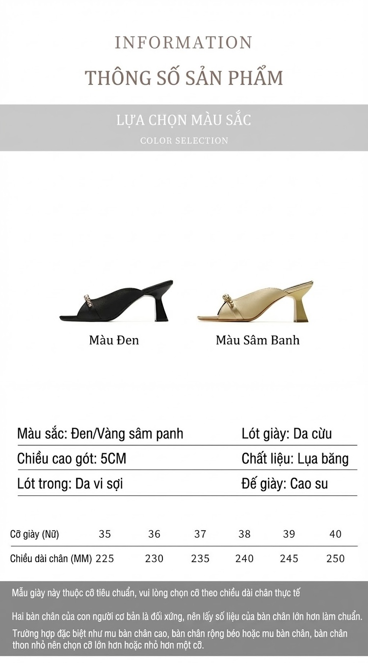 Dép Sục Nữ Hở Ngón Gót Cao Khoảng 7cm Đính Đá Phong Cách Cổ Điển Màu Đen, Vàng Kem chi tiết 2