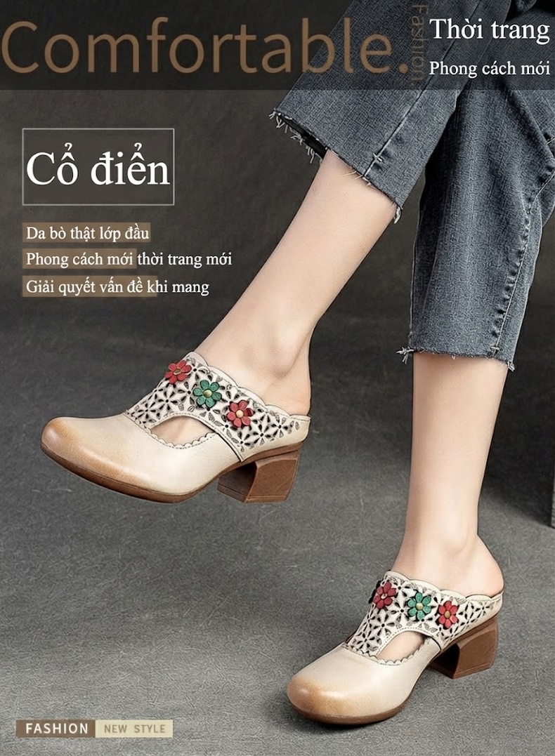 Dép Sục Nữ Họa Tiết Hoa Chiều Cao Đế Khoảng 5cm Màu Kem, Nâu chi tiết 2
