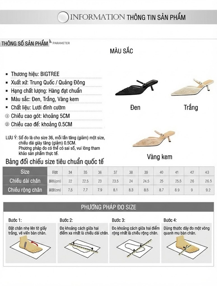 Dép Sục Nữ Lưới Ren Mũi Nhọn Gót Nhọn Chiều Cao Đế Khoảng 5cm Thêu Hoa Hở Lưng Màu Trắng, Đen, Kem chi tiết 1