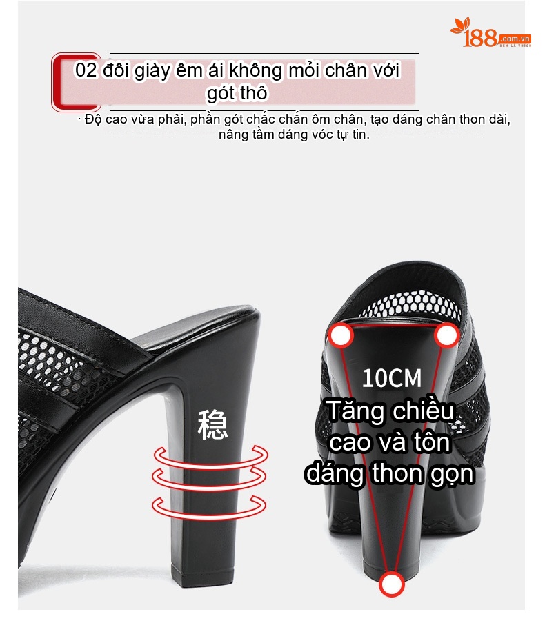 Dép Sục Nữ Quai Lưới Hở Mũi Đế Xuồng Chiều Cao Đế Khoảng 7cm Màu Đen, Trắng chi tiết 5