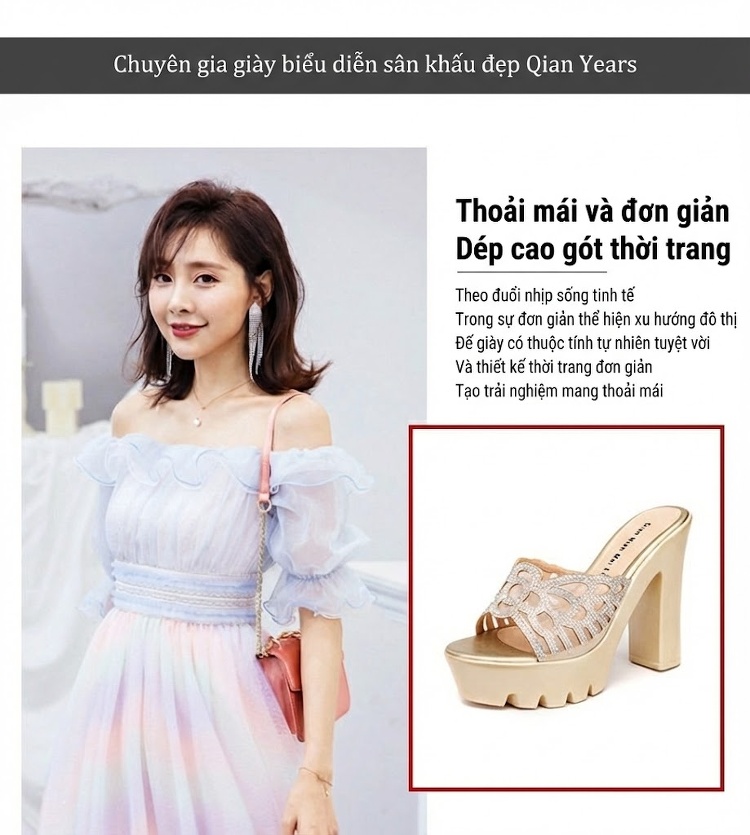 Dép Sục Nữ Quai Ngang Hở Mũi Đế Xuồng Chiều Cao Đế Khoảng 8cm Màu Vàng, Đen, Bạc chi tiết 2