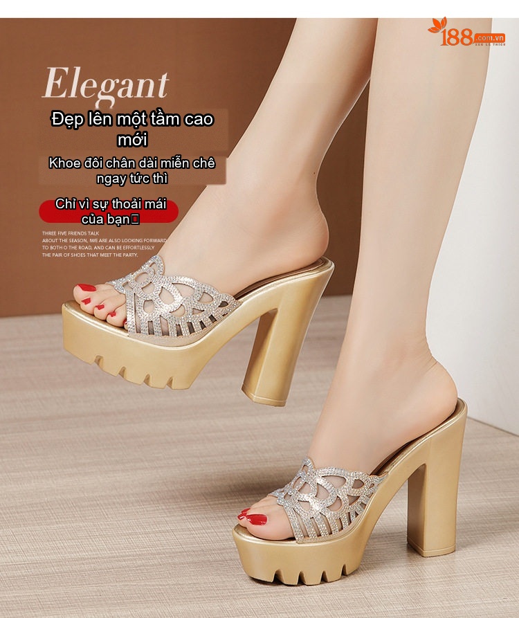 Dép Sục Nữ Quai Ngang Hở Mũi Đế Xuồng Chiều Cao Đế Khoảng 8cm Màu Vàng, Đen, Bạc chi tiết 3