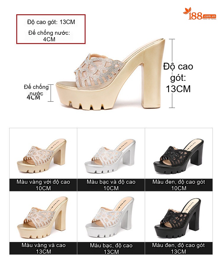 Dép Sục Nữ Quai Ngang Hở Mũi Đế Xuồng Chiều Cao Đế Khoảng 8cm Màu Vàng, Đen, Bạc chi tiết 5