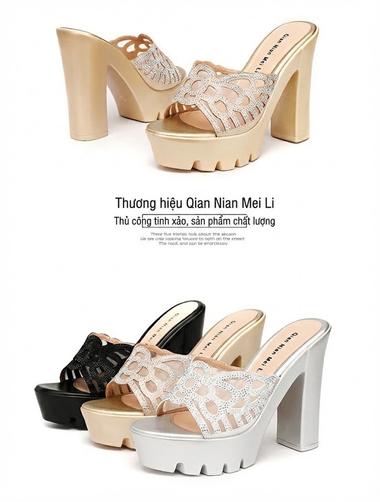 Dép Sục Nữ Quai Ngang Hở Mũi Đế Xuồng Chiều Cao Đế Khoảng 8cm Màu Vàng, Đen, Bạc chi tiết 18