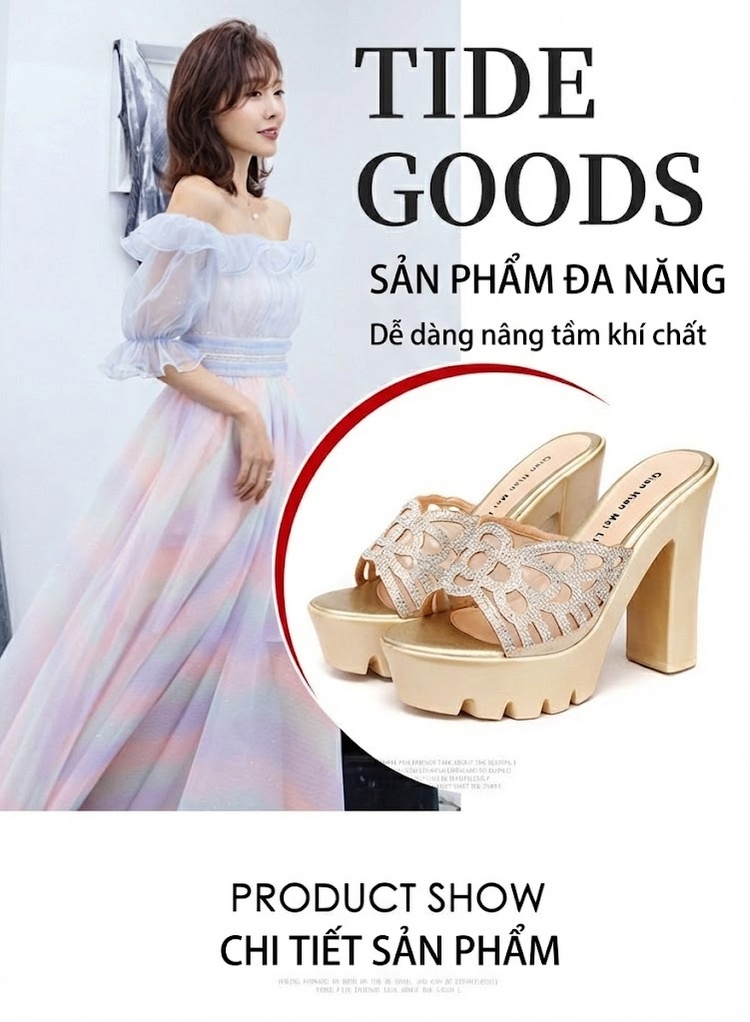 Dép Sục Nữ Quai Ngang Hở Mũi Đế Xuồng Chiều Cao Đế Khoảng 8cm Màu Vàng, Đen, Bạc chi tiết 6
