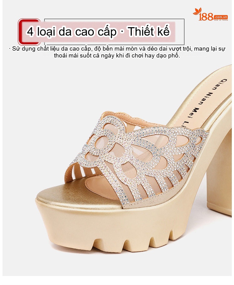 Dép Sục Nữ Quai Ngang Hở Mũi Đế Xuồng Chiều Cao Đế Khoảng 8cm Màu Vàng, Đen, Bạc chi tiết 7