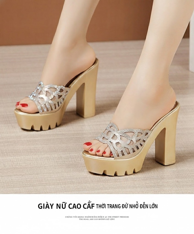 Dép Sục Nữ Quai Ngang Hở Mũi Đế Xuồng Chiều Cao Đế Khoảng 8cm Màu Vàng, Đen, Bạc chi tiết 11