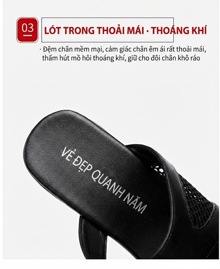 Dép Sục Nữ Quai Ngang Lưới Hở Chiều Cao Đế Khoảng 7cm Màu Đen, Trắng, Đỏ chi tiết 9