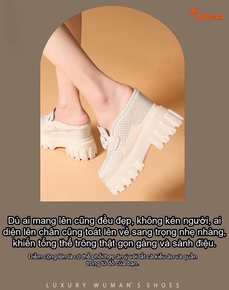 Dép Sục Nữ Tăng Chiều Cao Khoảng 12cm, Dáng Loafer Hở Gót, Đế Dày Màu Đen, Trắng Kem chi tiết 1