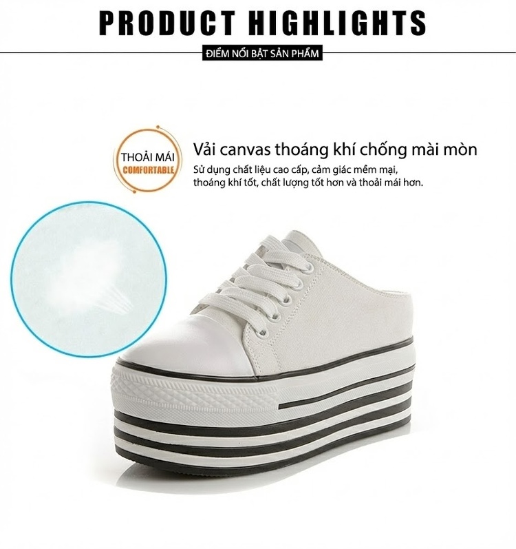 Dép Sục Nữ Vải Canvas Mũi Tròn Có Dây Chiều Cao Đế Khoảng 6cm Màu Trắng, Đen chi tiết 5