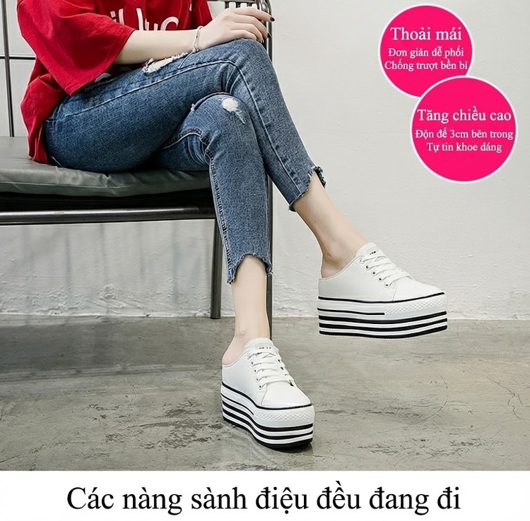 Dép Sục Nữ Vải Canvas Mũi Tròn Có Dây Chiều Cao Đế Khoảng 6cm Màu Trắng, Đen chi tiết 1