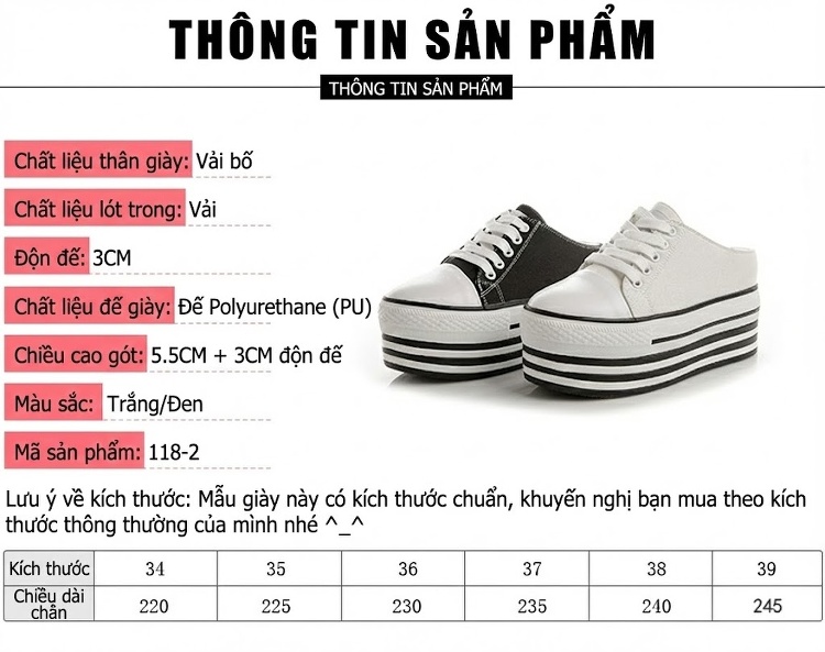 Dép Sục Nữ Vải Canvas Mũi Tròn Có Dây Chiều Cao Đế Khoảng 6cm Màu Trắng, Đen chi tiết 3