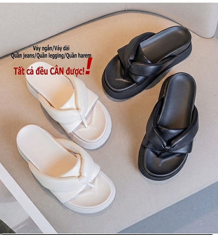 Dép Xỏ Ngón Nữ Đế Dày Chiều Cao Đế Khoảng 4cm Da Bóng Đi Biển Mùa Hè Màu Đen, Trắng chi tiết 8