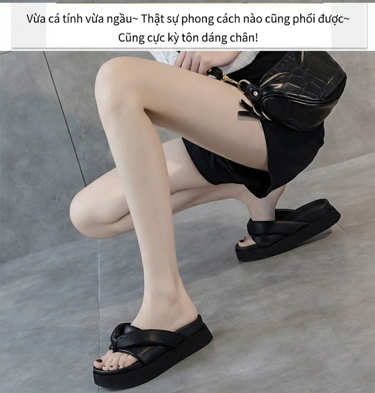 Dép Xỏ Ngón Nữ Đế Dày Chiều Cao Đế Khoảng 4cm Da Bóng Đi Biển Mùa Hè Màu Đen, Trắng chi tiết 2