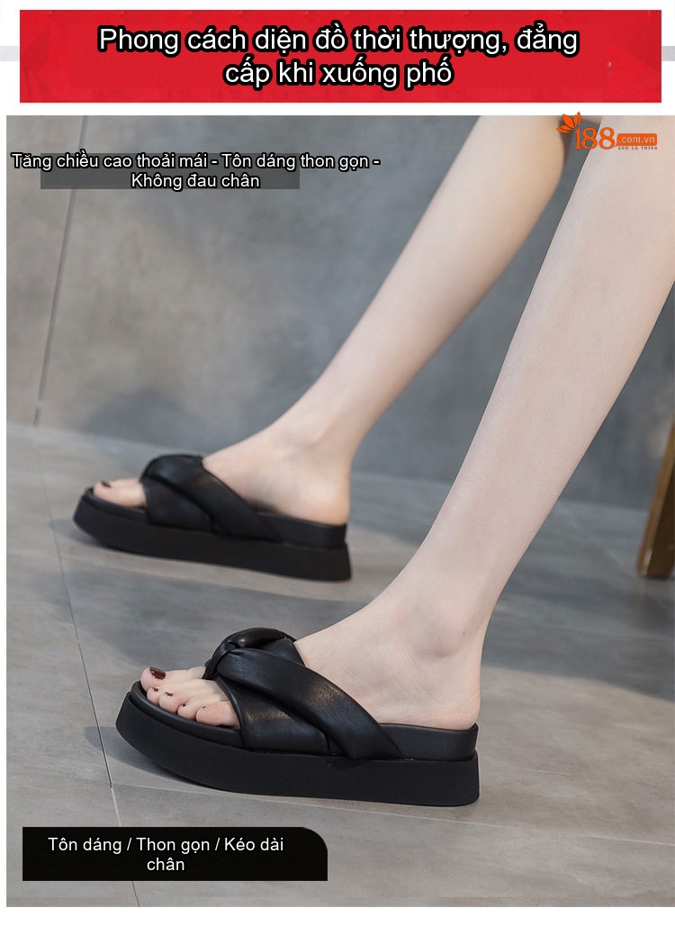 Dép Xỏ Ngón Nữ Đế Dày Chiều Cao Đế Khoảng 4cm Da Bóng Đi Biển Mùa Hè Màu Đen, Trắng chi tiết 6