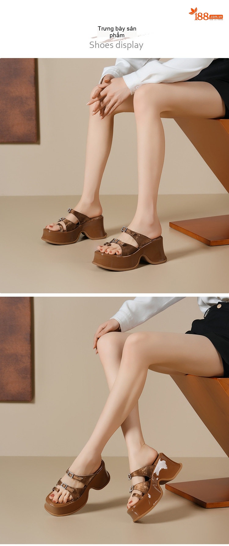 Dép Xỏ Ngón Nữ Đế Xuồng Da Bóng Chiều Cao Đế 9cm Màu Nâu, Đen, Kem chi tiết 2