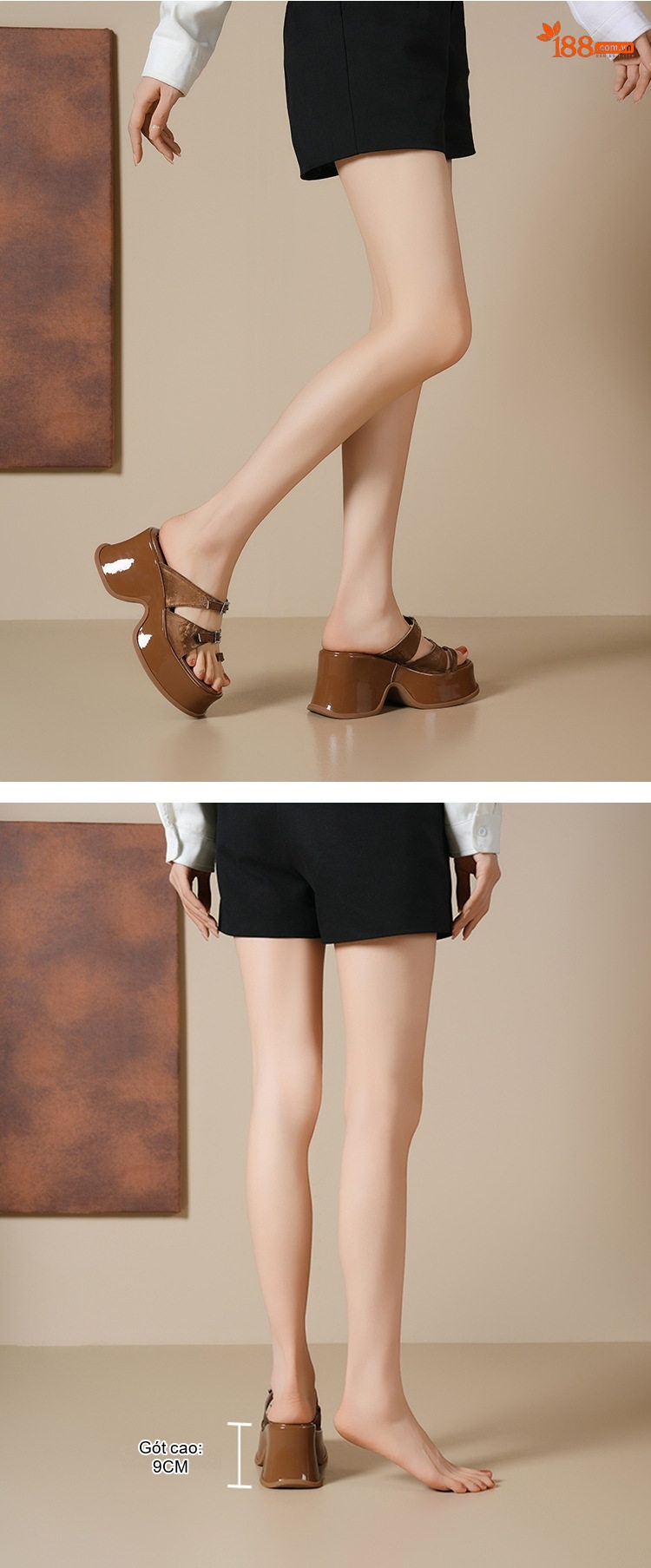 Dép Xỏ Ngón Nữ Đế Xuồng Da Bóng Chiều Cao Đế 9cm Màu Nâu, Đen, Kem chi tiết 4