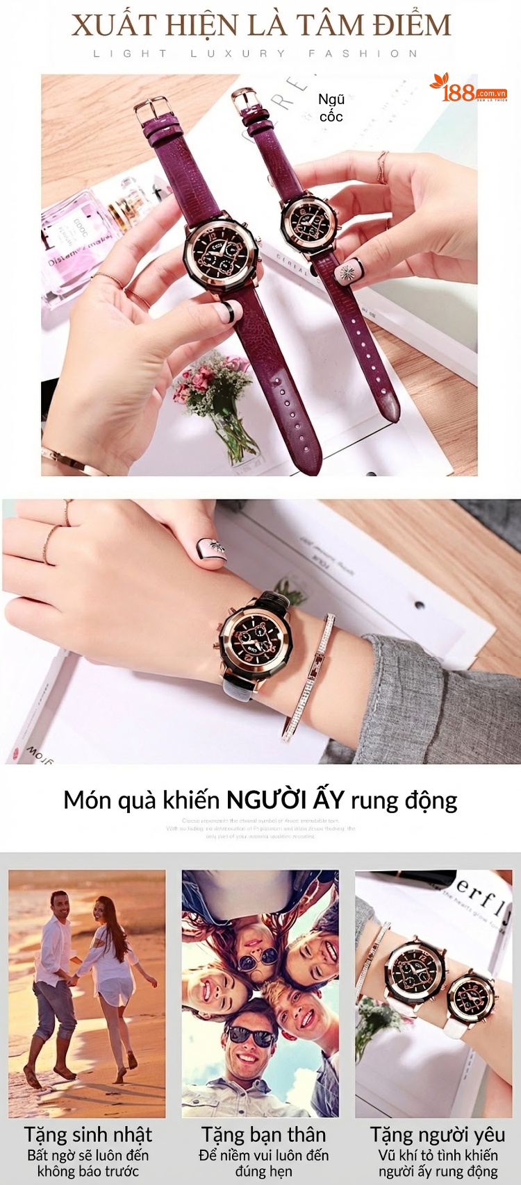 Đồng Hồ Đôi Dây Da Phong Cách Anh Quốc Chống Nước Thời Trang Màu Đen, Trắng, Đỏ, Tím chi tiết 8