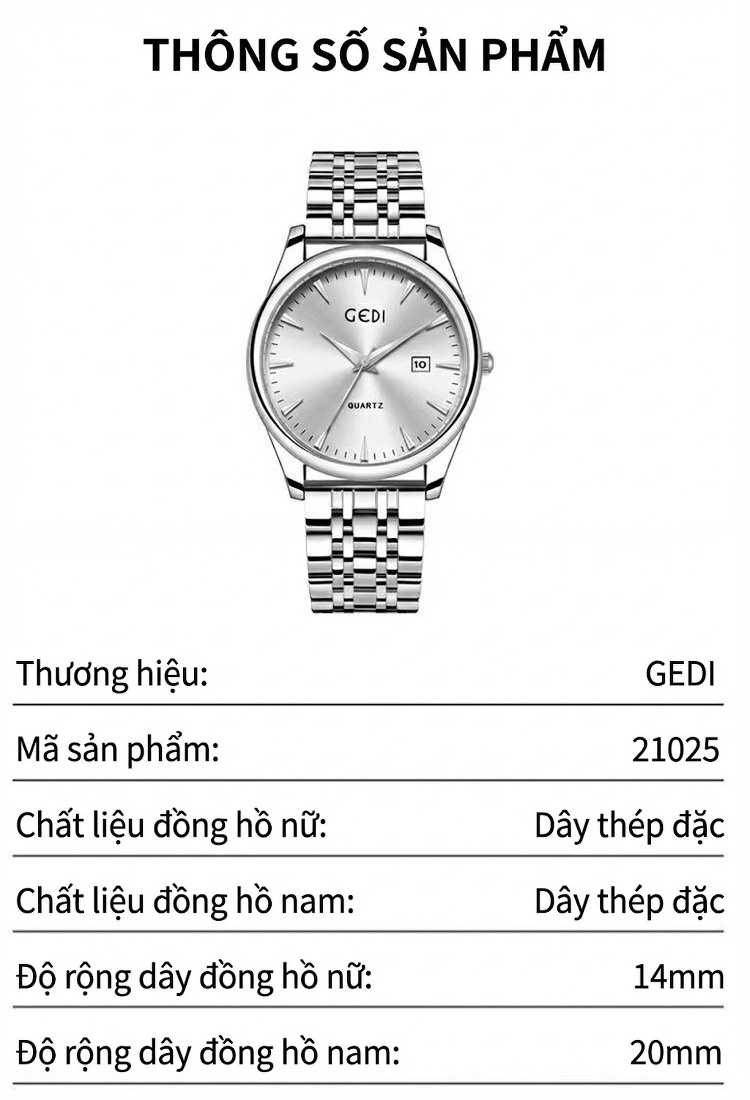 Đồng Hồ Đôi Dây Thép Không Gỉ Quartz Cao Cấp Thiết Kế Tối Giản Màu Bạc, Đen, Vàng, Hồng... chi tiết 5