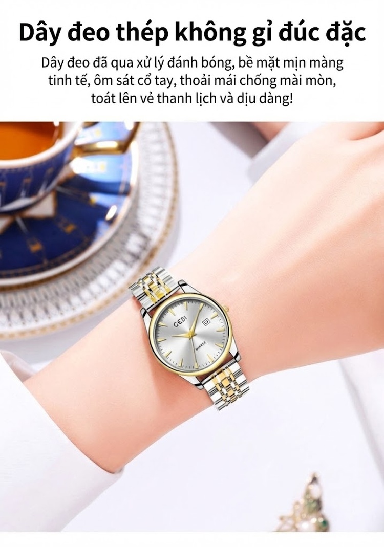 Đồng Hồ Đôi Dây Thép Không Gỉ Quartz Cao Cấp Thiết Kế Tối Giản Màu Bạc, Đen, Vàng, Hồng... chi tiết 3