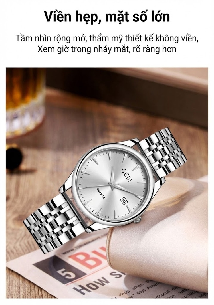 Đồng Hồ Đôi Dây Thép Không Gỉ Quartz Cao Cấp Thiết Kế Tối Giản Màu Bạc, Đen, Vàng, Hồng... chi tiết 12