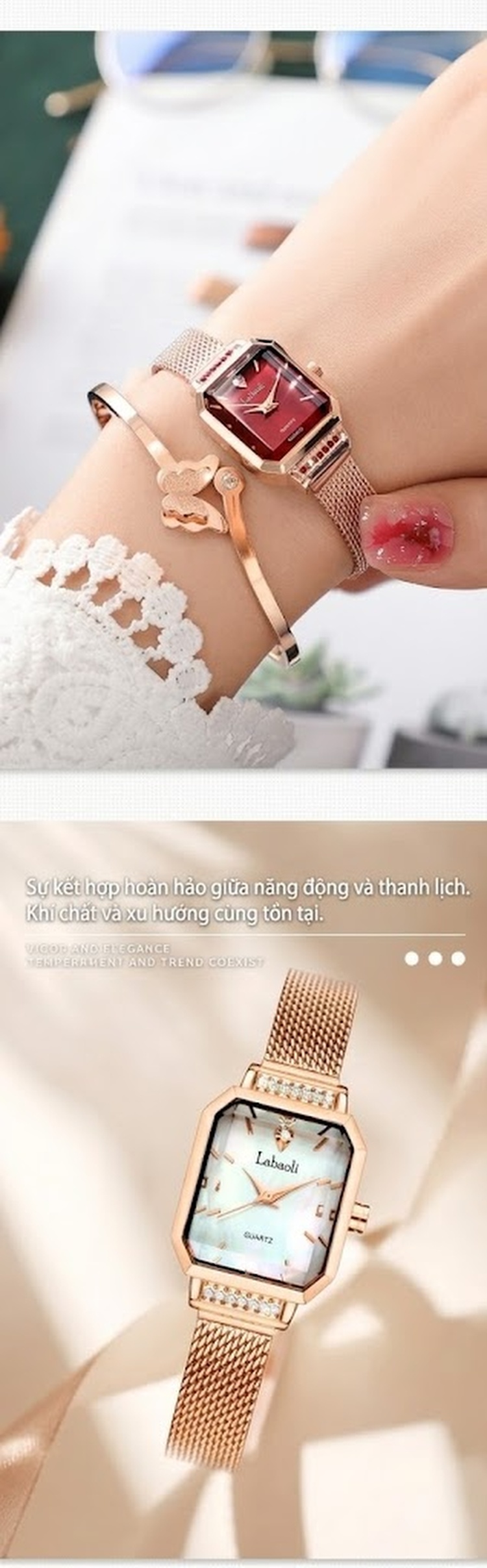 Đồng Hồ Labaoli Dây Lưới Kim Loại Mặt Vuông LA153 Màu Vàng Hồng, Đỏ, Trắng, Xanh... chi tiết 5