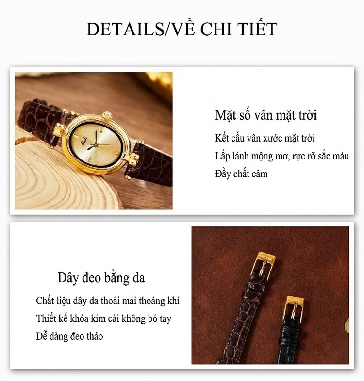 Đồng Hồ Nữ Dây Da Kiểu Cổ Điển Mặt Oval Nhỏ Nhắn Màu Nâu, Đen chi tiết 10