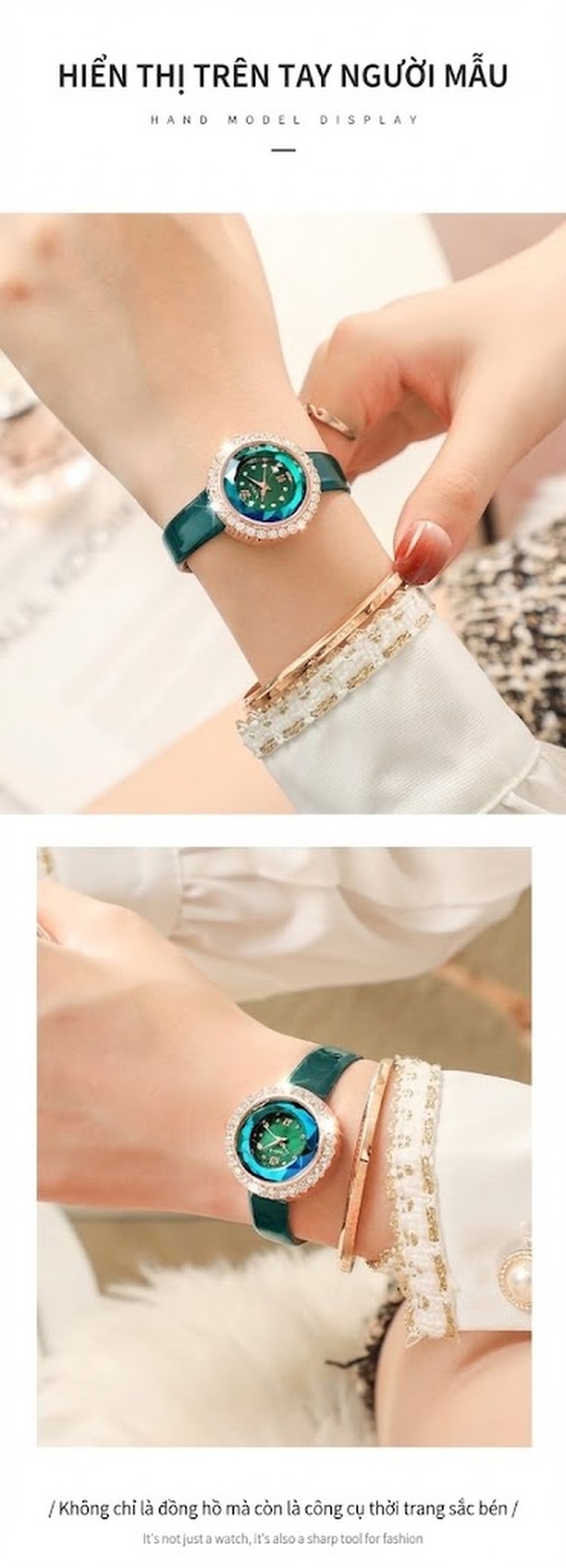 Đồng Hồ Nữ Dây Da Mặt Đá Viền Kim Cương Giả Màu Xanh Lá, Đỏ, Tím chi tiết 6