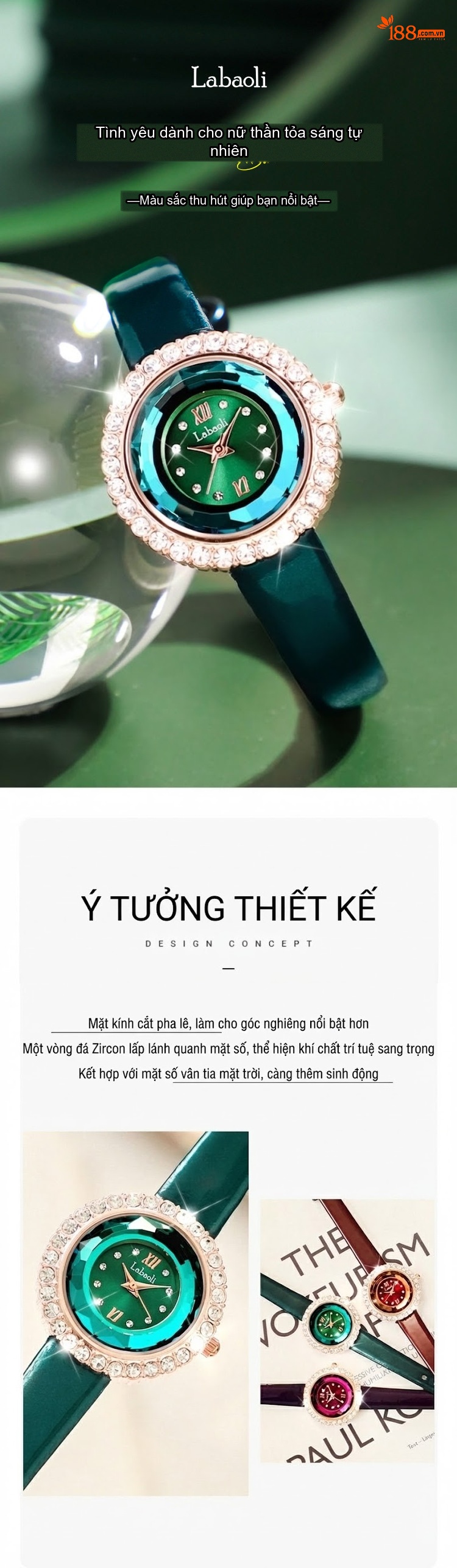 Đồng Hồ Nữ Dây Da Mặt Đá Viền Kim Cương Giả Màu Xanh Lá, Đỏ, Tím chi tiết 1