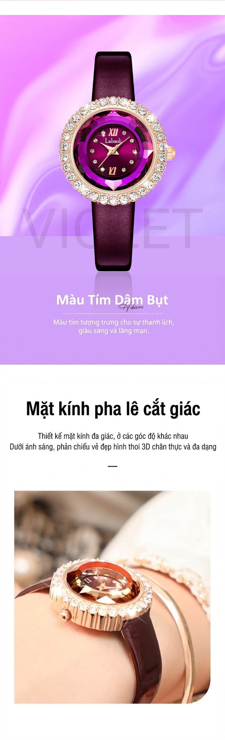 Đồng Hồ Nữ Dây Da Mặt Đá Viền Kim Cương Giả Màu Xanh Lá, Đỏ, Tím chi tiết 3
