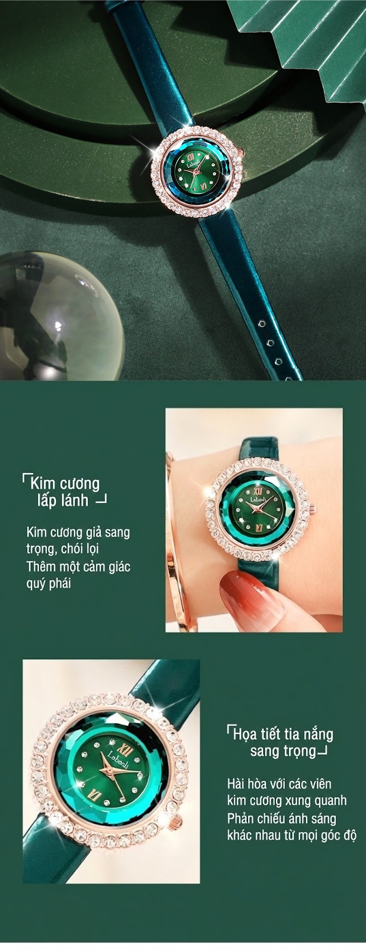 Đồng Hồ Nữ Dây Da Mặt Đá Viền Kim Cương Giả Màu Xanh Lá, Đỏ, Tím chi tiết 4