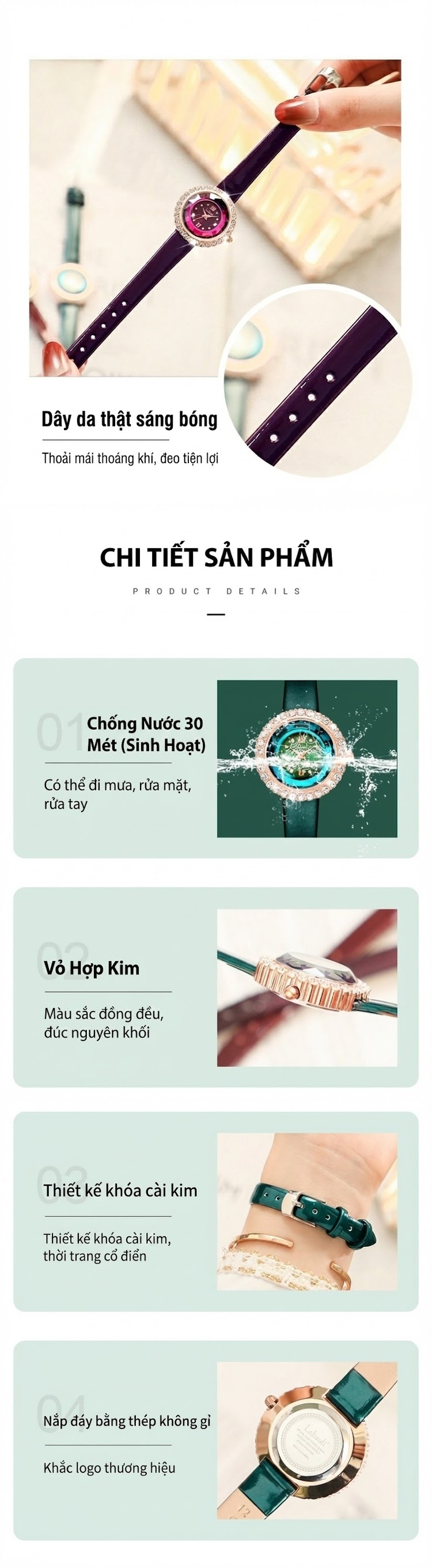 Đồng Hồ Nữ Dây Da Mặt Đá Viền Kim Cương Giả Màu Xanh Lá, Đỏ, Tím chi tiết 5