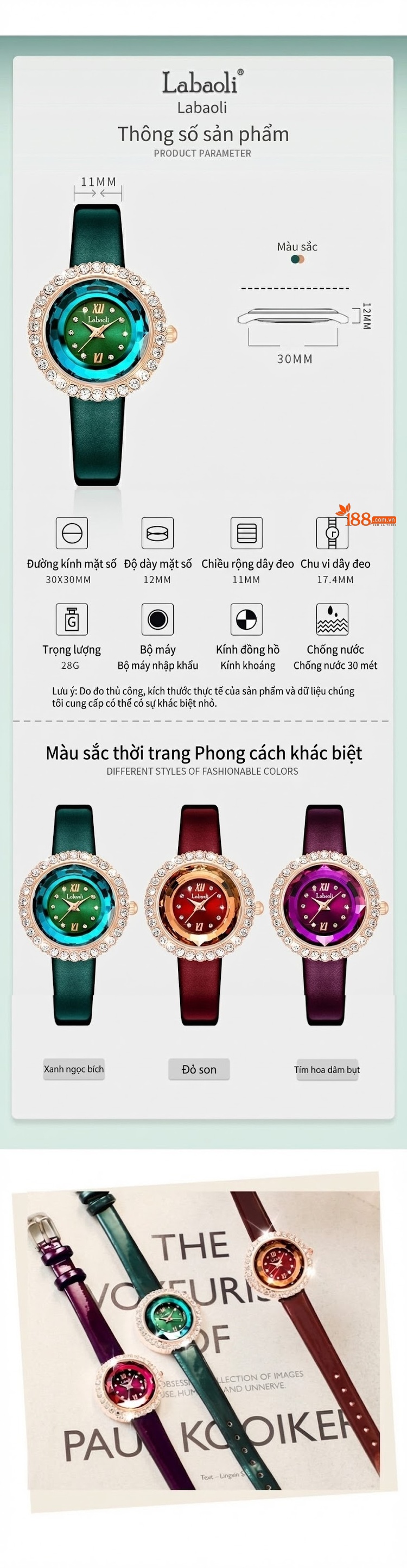 Đồng Hồ Nữ Dây Da Mặt Đá Viền Kim Cương Giả Màu Xanh Lá, Đỏ, Tím chi tiết 9