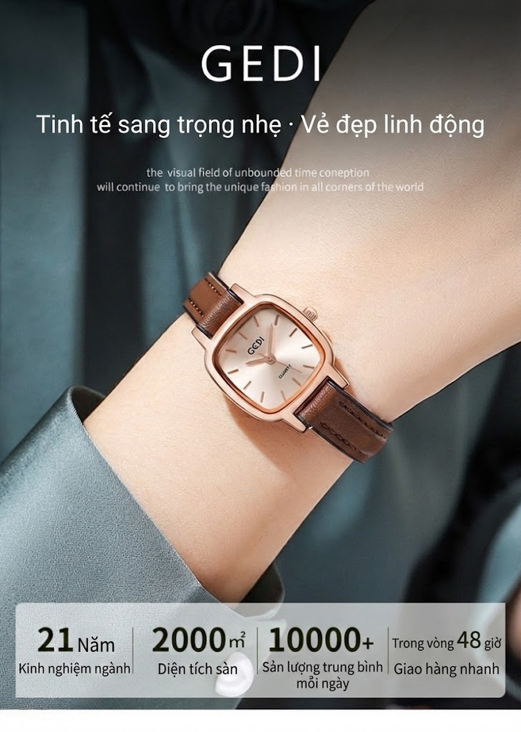 Đồng Hồ Nữ Dây Da Mặt Vuông Gedi Chống Nước Phong Cách Tối Giản Màu Đen, Nâu, Xám, Xanh... chi tiết 2