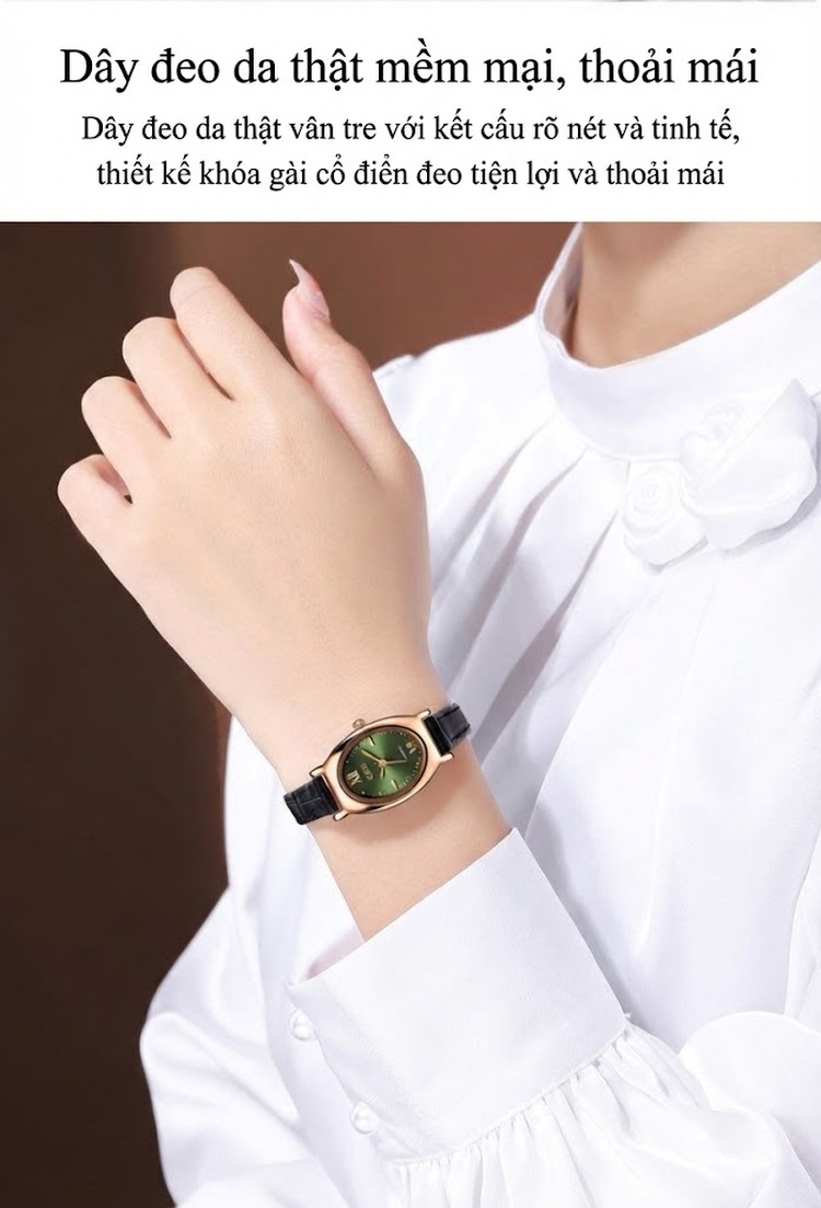 Đồng Hồ Nữ Dây Da Thật Mặt Oval Cao Cấp Màu Nâu, Đen, Bạc, Xanh... chi tiết 4