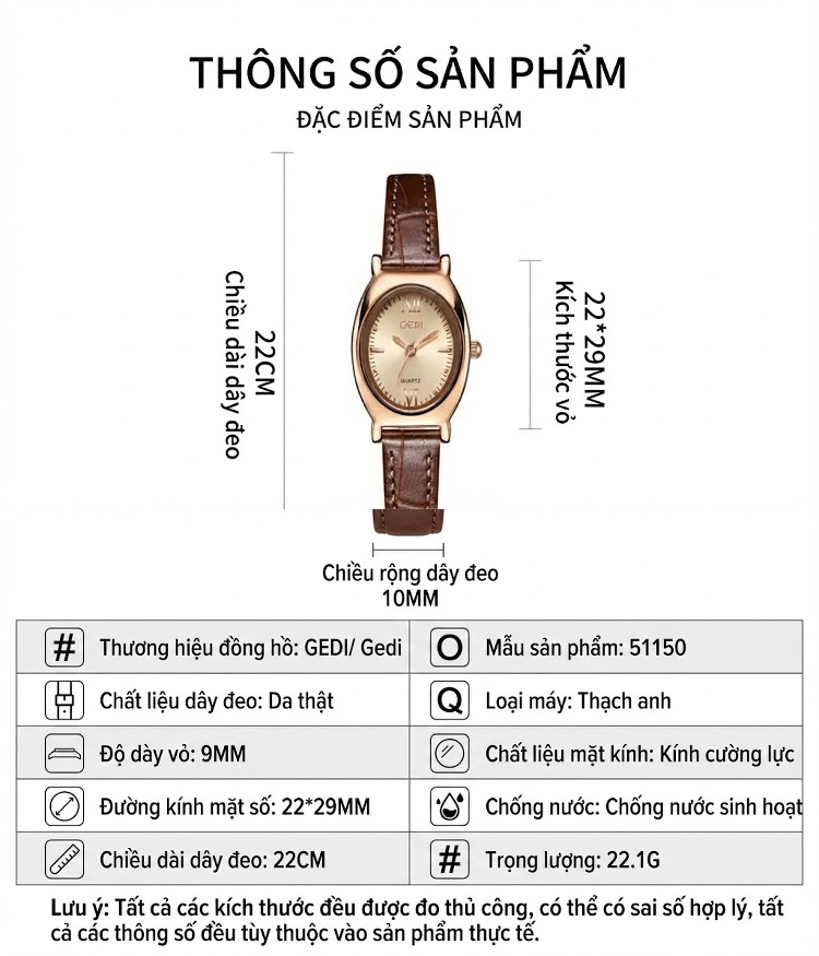 Đồng Hồ Nữ Dây Da Thật Mặt Oval Cao Cấp Màu Nâu, Đen, Bạc, Xanh... chi tiết 6