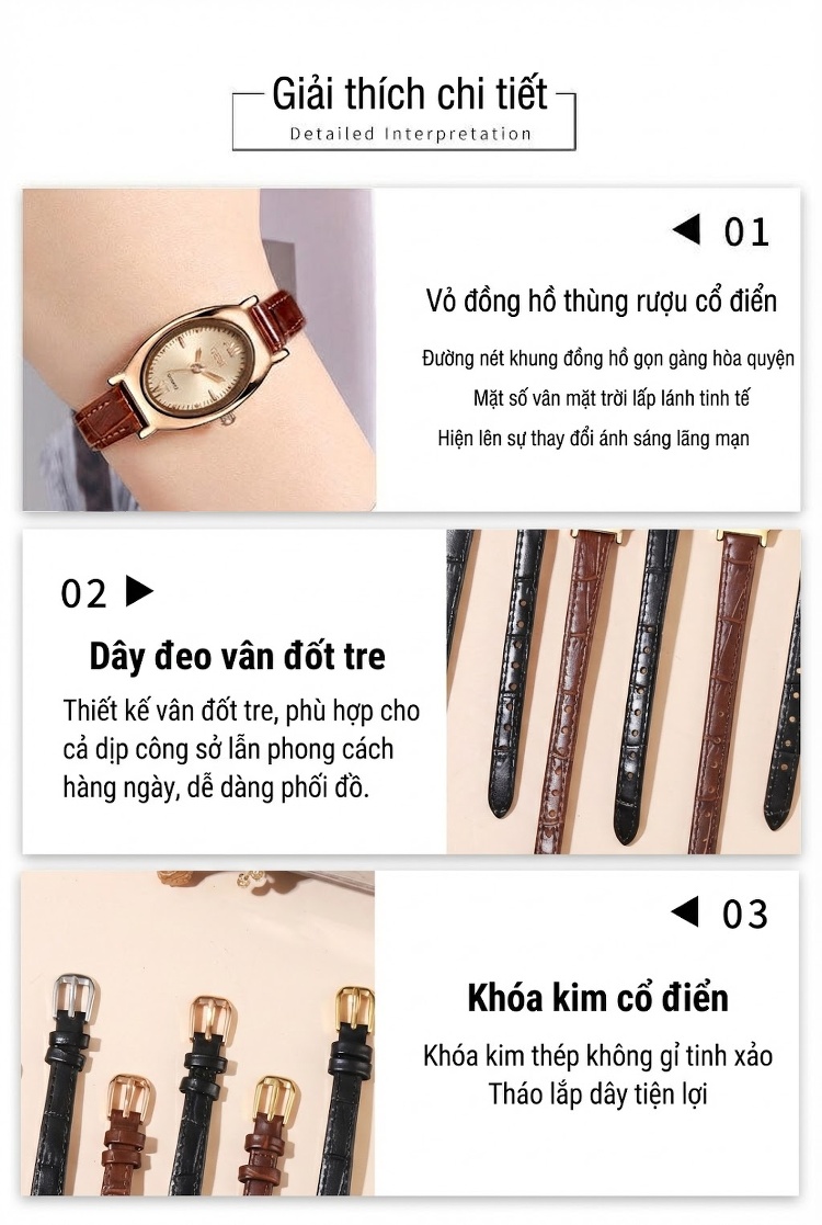 Đồng Hồ Nữ Dây Da Thật Mặt Oval Cao Cấp Màu Nâu, Đen, Bạc, Xanh... chi tiết 8
